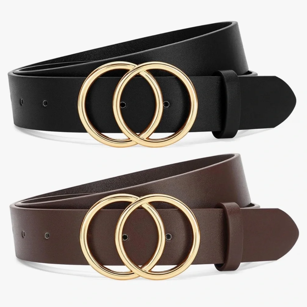 Double O-Ring Belt Set Black Brown Faux Leather Gold Circle Buckle Medium